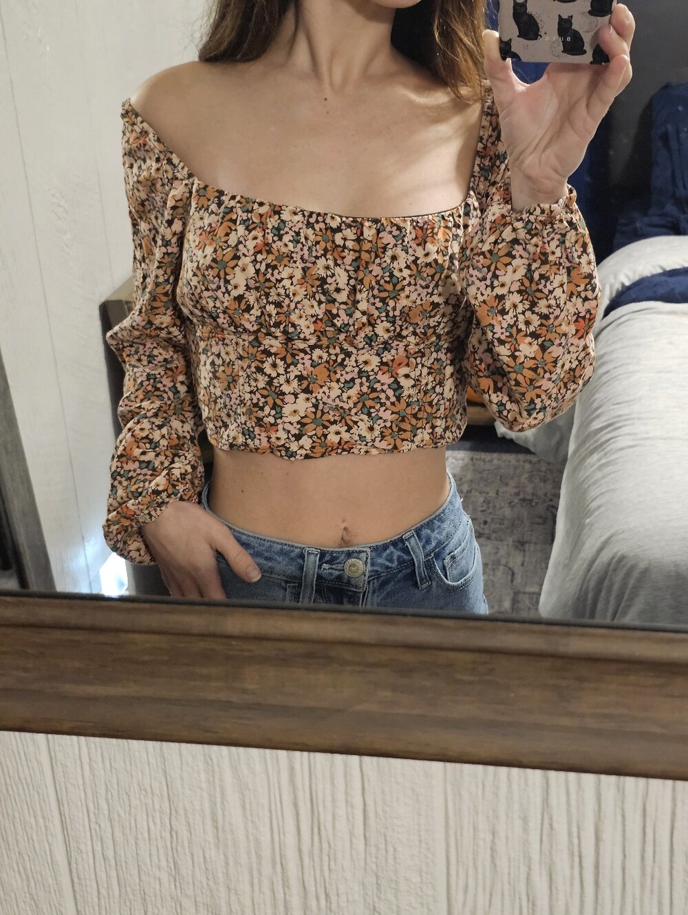 Wild Fable Brown Peach Floral Smocked Bohemian Crop Top Milkmaid Y2K Size S